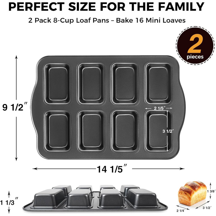Форми для випічки HONGBAKE (2 шт.) з антипригарним покриттям, 36x24 см, з вуглецевої сталі, BPA-free, для міні-бананового хліба, брауні та хліба