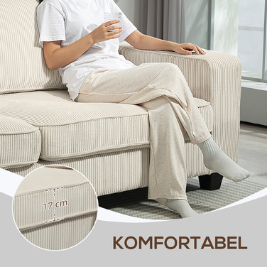 HOMCOM 3-Seater Sofa, Couch with Armrests, Back Cushions, Living Room Sofa with Cord Cover, Spring Core, Upholstered Sofa for Living Room, Bedroom 227 x 84 x 87 cm, Cream White | Aosom