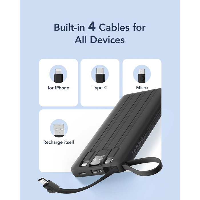 Power Bank VRURC 10000mAh з 4 кабелями, портативний акумулятор USB-C для iPhone/Huawei/Samsung, LED-дисплей, 5 виходів, чорний