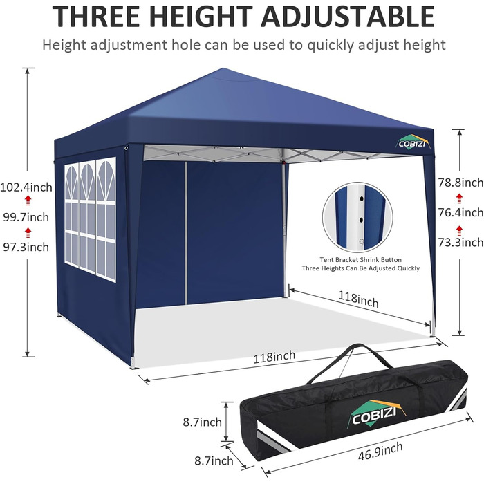 COBIZI Pop-up Pavilion 3x3, Folding Pavilion 3x3 Waterproof, Stable, Winterproof |8x Pegs|4x Wind Rope|UV Protection 50+|High-Density Tarpaulin| Pavilion Folding 3x3m Party Tent Folding Pavilion 3x3 Garden Pavilion (Navy Blue, 3x3m with 4 Side Walls)