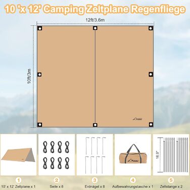 Водонепроникний намет WADEO 3x4 м: брезент для кемпінгу, тент для намету з брусками, кілочками та мотузками, ультралегкий, для кемпінгу та пікніків на природі, хакі