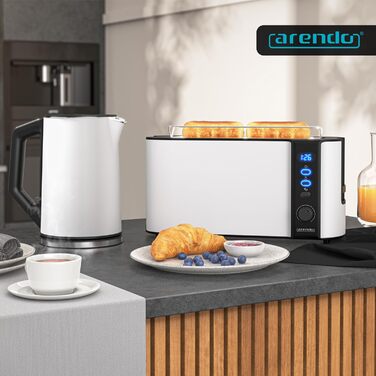 Тостер Arendo з 2 слотами, білий матовий, 1000W, з підігрівом для булок, 6 рівнів підсмажування, дисплей, функція розморожування, нержавіюча сталь