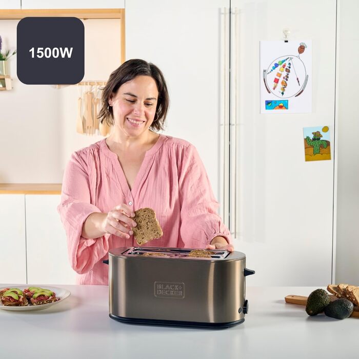 Тостер BLACK+DECKER BXTO1960E з цифровим керуванням, 1960 Вт, 6 рівнів підсмажування, 4 відділення, функції: стоп, підігрів та розморожування, автоматичне центрування, підігрівач для тостів