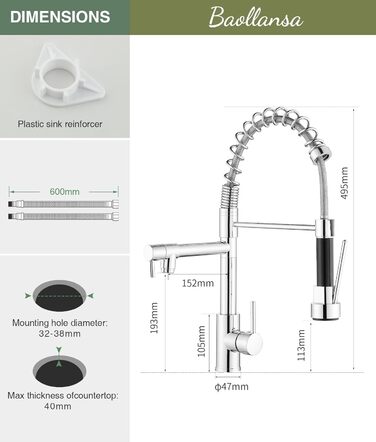 Кухонний змішувач з витяжною лійкою, 360° обертання, 2 режими, нержавіюча сталь, преміум-якість