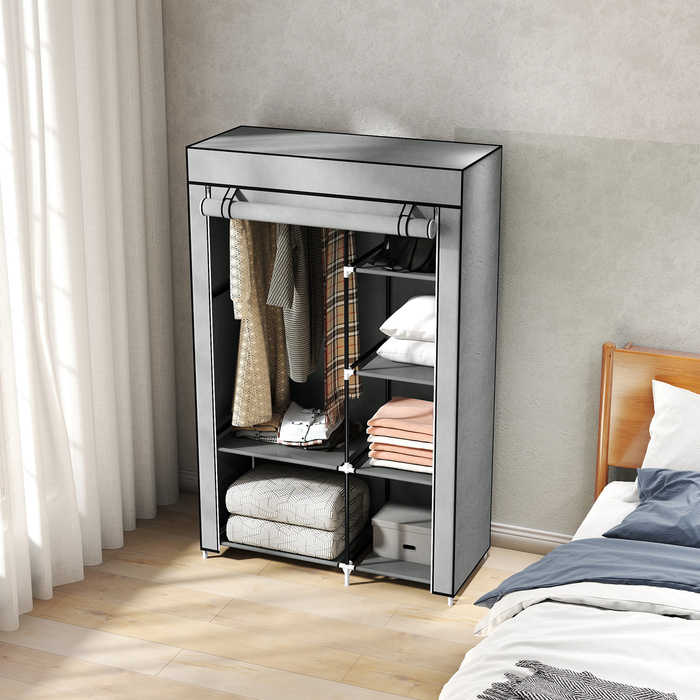 HOMCOM шафа для одягу, тканинна шафа, 6 відділень, сірого кольору, 103x43x162,5 см, складана шафа для одягу з виглядом з флісу | Aosom