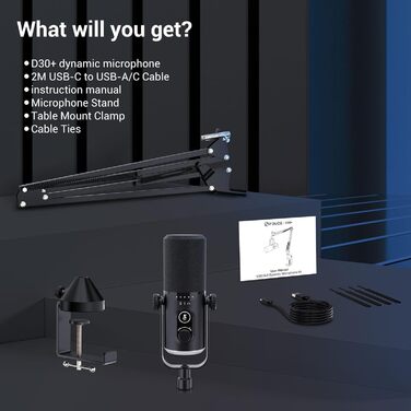 Ігровий мікрофон FDUCE з USB/XLR підключенням для запису подкастів, стрімінгу та співу з RGB-підсвічуванням, регулятором гучності та навушником, з кріпленням-жабою (D30+)