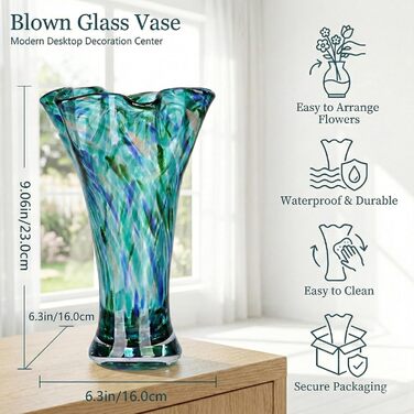 Скляна ваза для квітів, ручної роботи, зелена, для дому та декору, 22.9 см, відтінок блакитно-зелений 