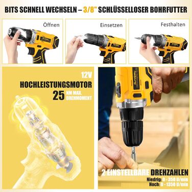 Набір інструментів Sundpey 166 шт. з акумуляторною дрилі 12V для дому, ремонту та саду (жовтий)