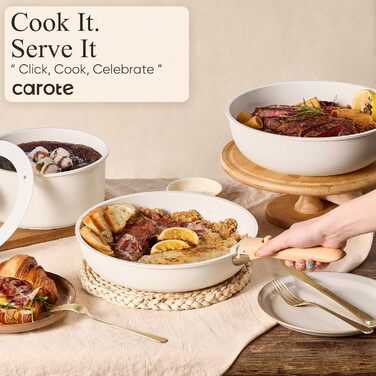 Набір посуду CAROTE 19 предметів, антипригарне покриття, набір каструль та сковорідок, для плити та духовки, економія місця, набір посуду з антипригарним покриттям (кремовий)