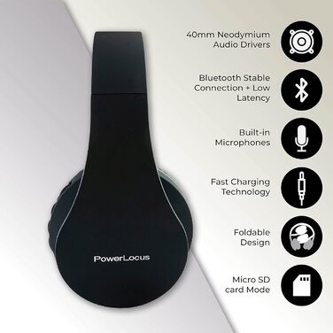 Бездротові навушники PowerLocus Over-Ear з Bluetooth, HiFi стерео, FM радіо та Micro SD/TF слотом (Чорний)