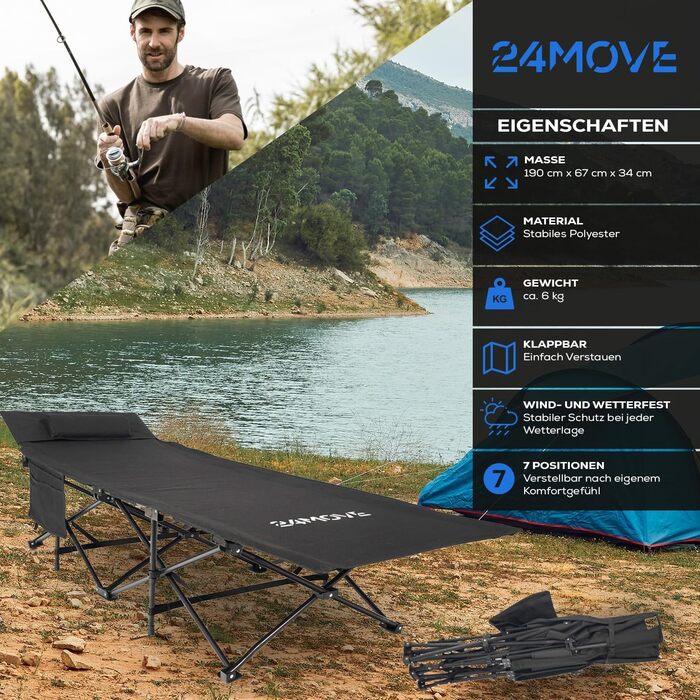 Розкладне ліжко 24MOVE® для кемпінгу та відпочинку на природі, 190 x 67 x 34 см, чорне