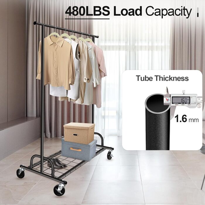 Heavy-Duty Clothes Rack, SPECILITE 2-in-1 Clothes Rack Stable with Wheels and Shelves, Load Capacity 217 KG, Adjustable Metal Heavy-Duty Garment Rack on Wheels (Black)