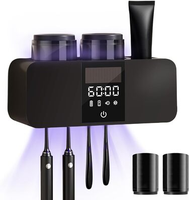 Toothbrush Cleaner and Wall-Mounted Toothbrush Holder, Cleaning and Air-Drying, LED Smart Screen and Timer Function, Rechargeable, Wireless, Toothbrush Holder for Bathroom (Black)