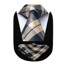 HISDERN Комплект краватки та нагрудного хустинки для чоловіків: коричневий та темно-синій (довга краватка)