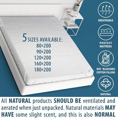 FAM Home Mattress Protector with 4 Elastic Corners, Topper, Natural and Breathable, Bedspread for Adults and Children, Mattress Pad, 180 x 200 cm