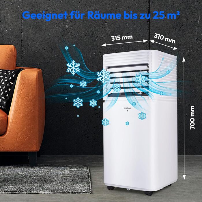 Мобільний кондиціонер MEDION E701 (7000 BTU) з випускним шлангом, для приміщень до 25м², 3-в-1 (охолодження, осушення, вентиляція), з пультом дистанційного керування та режимом сну, MD 37730