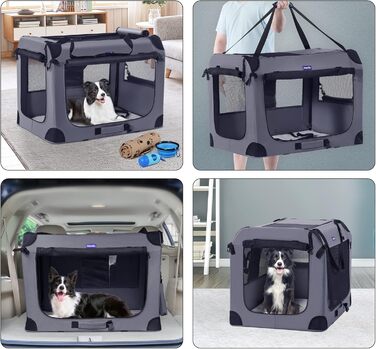 Транспортний бокс для тварин Petprsco з м'якими стінками, для котів та маленьких собак, 3-дверний, складний, з ременями, для подорожей, сірий (81x58x58 см)