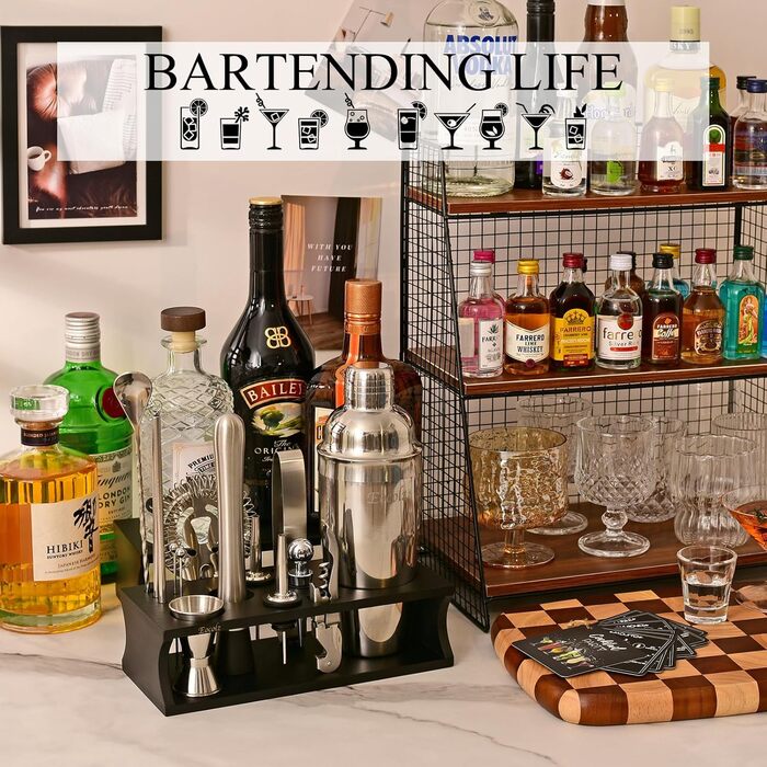 750ml Stainless Steel Cocktail Shaker Set with Bamboo Stand & Recipe Book - 17 Piece Bar Set for Bartenders, Gifts for Women (Black Silver)