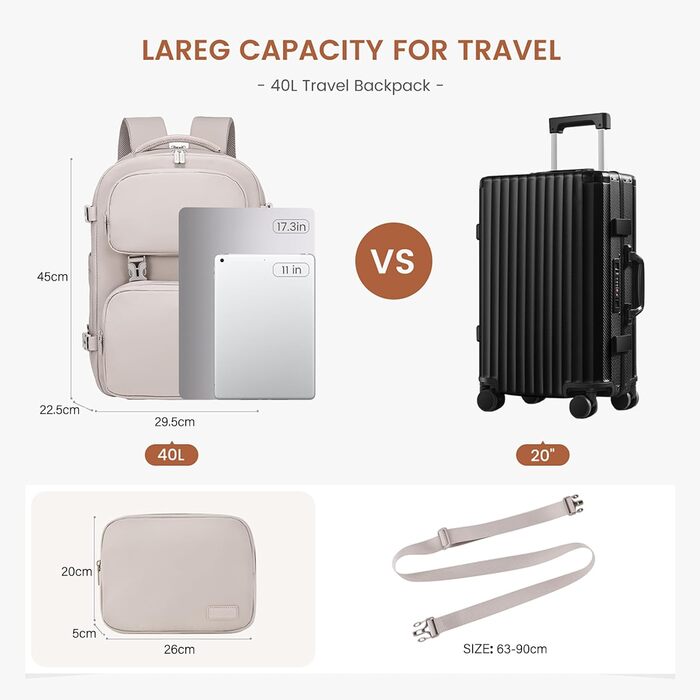 LOVEVOOK Рюкзак для ручної поклажі в літак 40L, жіночий великий, 17.3