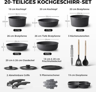 Набір каструль YASHE 20 предметів з антипригарним покриттям, знімні ручки, для індукційних плит, сумісний з духовкою до 230°C, можна мити в посудомийній машині, стійкий, ідеальний для сімей, сірий