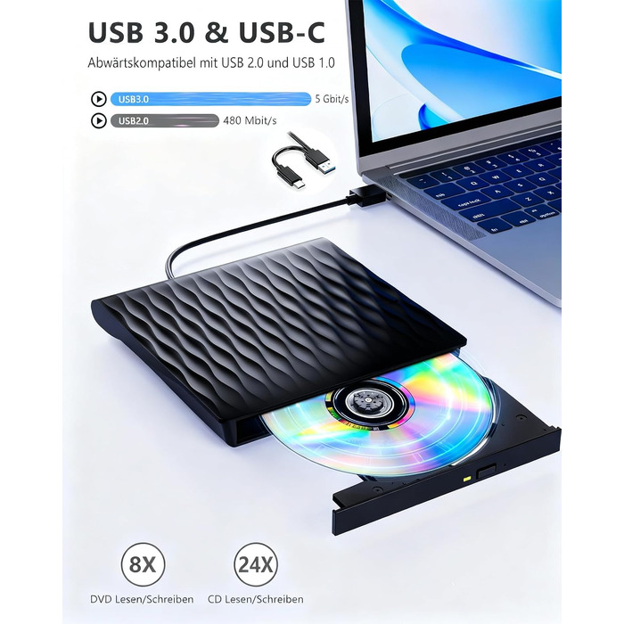 Зовнішній DVD/CD привід DANGZW USB 3.0 Type-C, портативний DVD-брунер та плеєр для ноутбука та ПК, сумісний з Windows, MacOS, Linux (чорний глянцевий)