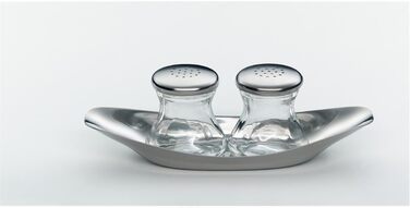WMF Wagenfeld Shaker Set, 3-piece, Max and Moritz, shaker with plate, salt shaker, pepper shaker, glass, brushed Cromargan stainless steel, dishwasher safe