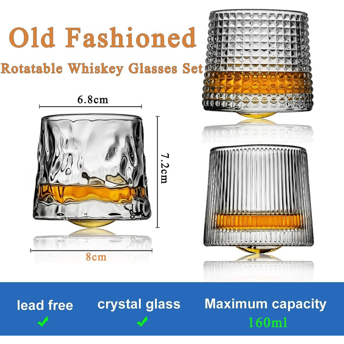 Набір склянок для віскі Weobao 3 шт. Old Fashioned, ручної виготовлення, кришталь, без свинцю, 160 мл. Ідеально для скотчу, бурбону, коньяку та коктейлів.
