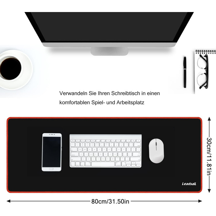 Leadsail XXL килимок для миші та клавіатури (800x300x4 мм), антивологий, преміум-текстура, для геймерів, PC, червоний