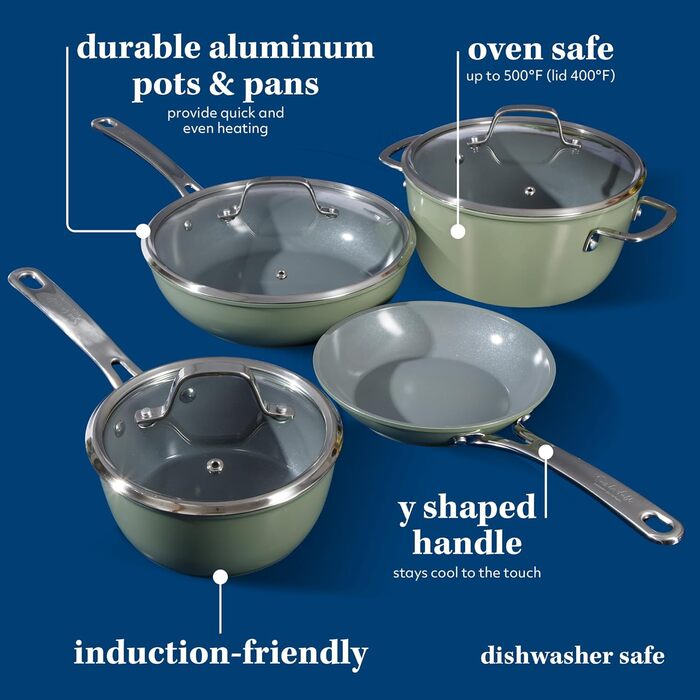 Набір посуду Sur La Table Kitchen Essentials 10 предметів: каструлі та сковороди з титано-керамічним антипригарним покриттям, індукція, зелений колір, без PFA