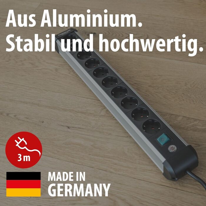 Бренненштуль Розподільник розеток Premium-Alu Line 10 розеток з вимикачем, 3м кабель, Алюміній, Made in Germany