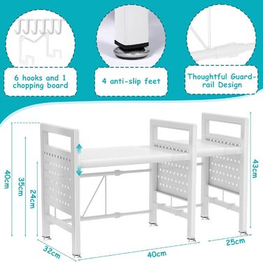 Підставка для мікрохвильової печі, 2-рівнева, розширювана 40-65см, з 6 гачками, для кухонного ножа, біла