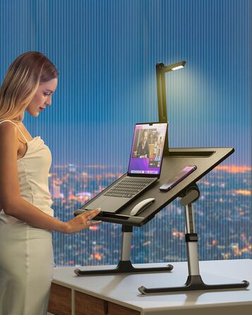 Столик для ноутбука на ліжко SAIJI з LED-лампою, регульований кут нахилу, підставка для книг, ящик, фіксатор для колін, слот для планшета, ковзаючі ніжки (Чорний, 60x45 см)