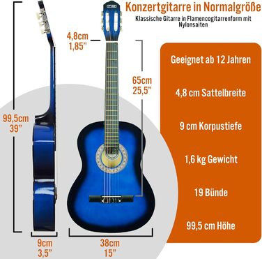 Класична гітара 3rd Avenue 4/4-Klassikgitarre з нейлоновими струнами, повний розмір, початковий набір – блакитний Blueburst