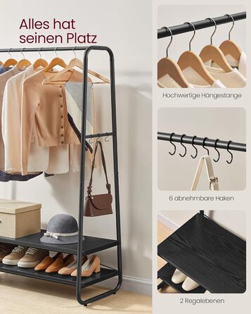 VASAGLE Clothes Rack, Coat Stand, Coat Rack, 2 Shelves, 6 S-Shaped Hooks, Steel Frame, for Bedroom, Hallway, Entrance Area, Cloud White-Matte White RGR112W02 (Ebony Black-Matte Black)