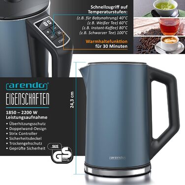 Набір чайник та тостер Arendo SET з нержавіючої сталі, блакитний. Чайник 1,5л, регулювання температури 40-100°C, тостер на 4 тости з LED-дисплеєм, 6 ступенів підсмажування та підставка для бургерів.