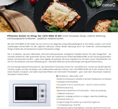 Вбудована мікрохвильова піч CATA MMA 20 WH 20L з грилем, таймером та нержавіючою сталею, 9 функцій, Ø24,5 см, білий колір