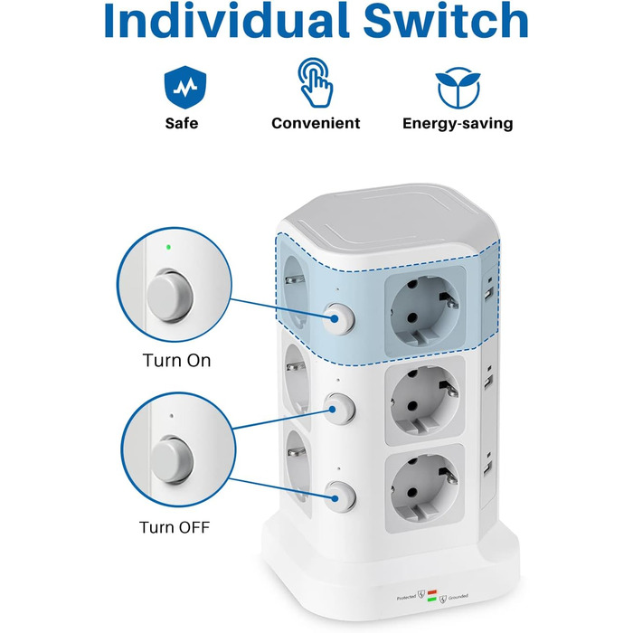 Стедова колонка KOOSLA з 12 розетками, захистом від перенапруги (4000W/16A) та 6 USB, 5м, білий - для офісу, кухні, столу