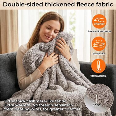 Електрична ковдра TLGREEN з автовимкненням, імітація овечої шкури, двостороння, надзвичайно м'яка, 130x180 см, 9 режимів нагріву, таймер, ковдра для дивану, софи, офісу, дому, 130x180, сіро-коричнева