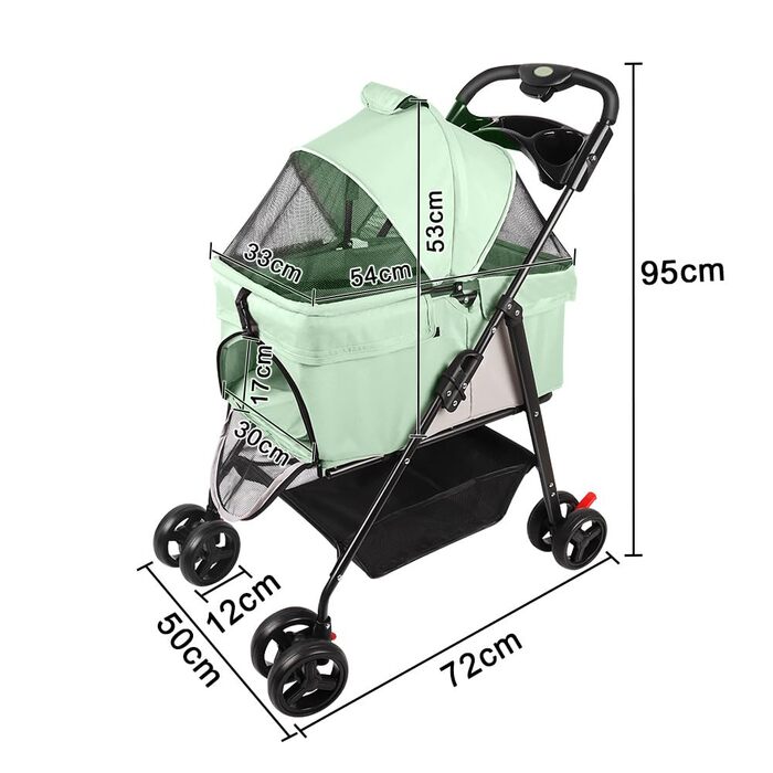 Візок для собак та котів OHMG, складний, до 20 кг, з гальмами, великий кошик, 3 вікна, тримач для напоїв, зелений (50 x 65 x 99 см)