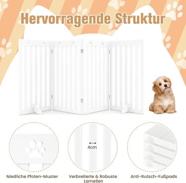 Захисний забір для собак COSTWAY 89 см, дерев'яне огорожа, дитяче ворота, розкладні, гнучкий захист, 4 панелі (білий)