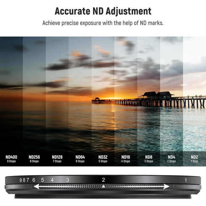 Фільтр ND2-400 (1-9 Stop) Variabler NEEWER 58mm для об'єктивів з нейтральною щільністю, з кришкою, стрічкою та серветкою