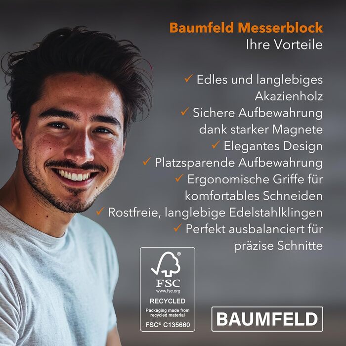 Baumfeld 6-Piece Knife Block Set - Premium Stainless Steel Kitchen Knives with Acacia Wood Magnetic Block - Professional Chef Knife Set