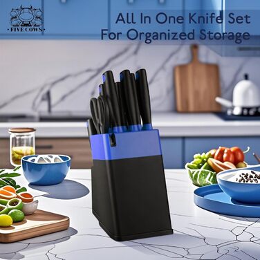 Набір кухонних ножів FIVE COWS (14 предметів) з самозаточуванням, з ножем для стейка та ножицями, синій