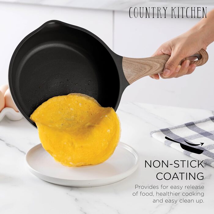 Набір посуду Country Kitchen 14 предметів: каструлі, сковороди, кухонні прилади. Антипригарне покриття, алюмінієвий литий посуд, кремовий колір