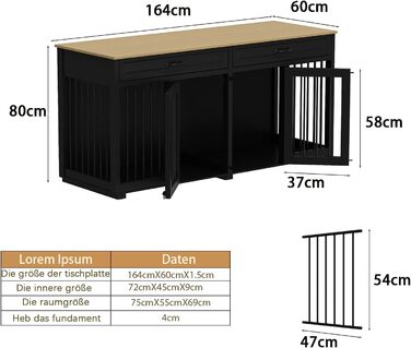 Клітка для собак XXL з шухлядами та дверима, чорна, 164 x 60 x 80 см, залізо
