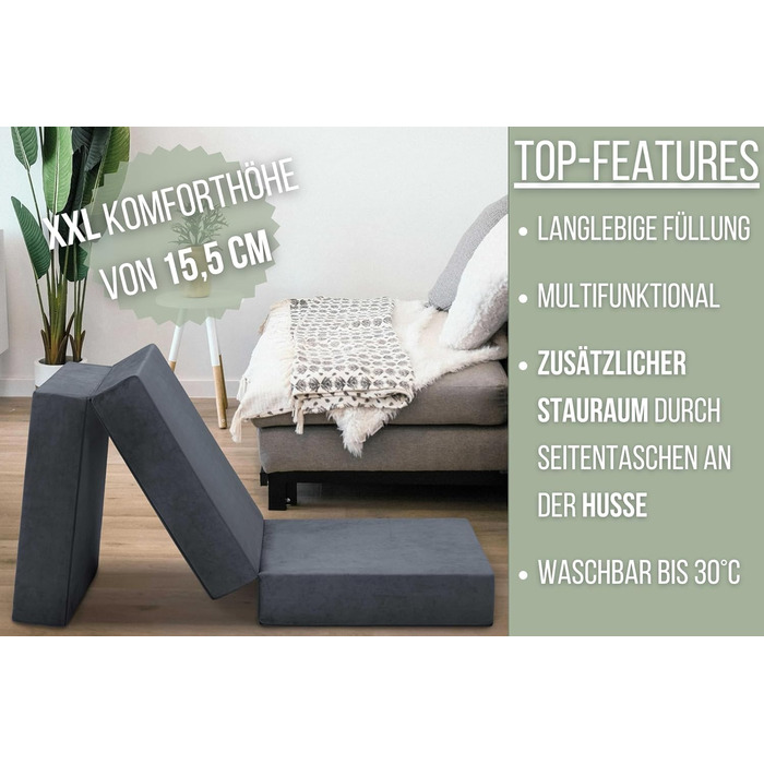 Складаний гостьовий матрац Badenia Trendline XXL, поліестер, 196x65x15,5 см, висота 15 см, плюш, сертифікат Öko-Tex, антрацит, виготовлений за німецьким стандартом якості