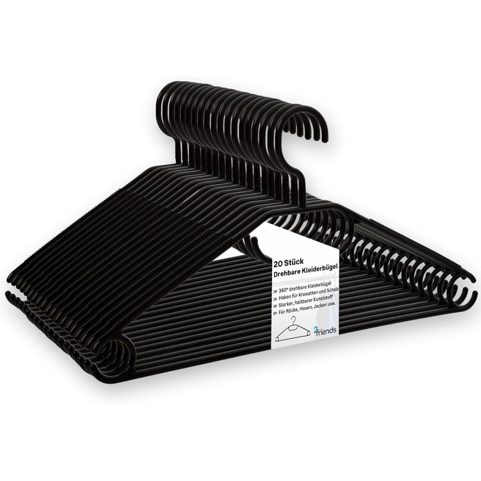 Чорні вішалки для одягу 20 шт. з обертовими гачками, економія місця, пластик, довжина 41 см, Made in EU, екологічні (100% перероблений матеріал), модель Minnie