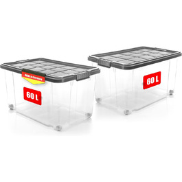 BigDean 2-Piece 60L Storage Box with Lid Large Transparent - Stackable, Robust Box BPA-Free - Rollable Stack Box with Secure Click Closures - Made in Germany (Grey)