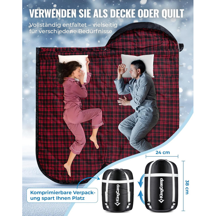 Сплячий мішок KingCamp XXL з бавовни фланелі для дорослих, великого розміру, теплий, зимовий, для кемпінгу, подорожей та активностей на відкритому повітрі, 4-сезонний, 220x100 см, класичний чорний