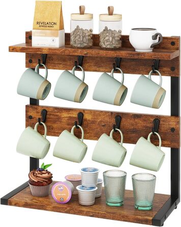 Vintage Mug Holder with 8 Hooks, Coffee Cup Holder for Kitchen Countertop, Cup Stand with Storage Bottom, for Kitchen Dining Room Cafe 40 x 15 x 40 cm, Vintage Brown TBJ002H